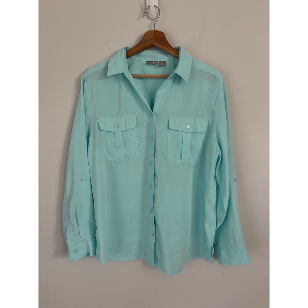 Chicos Aqua Turquoise Modal Blend Roll Tab Sleeve Button Down Shirt Size 2 L